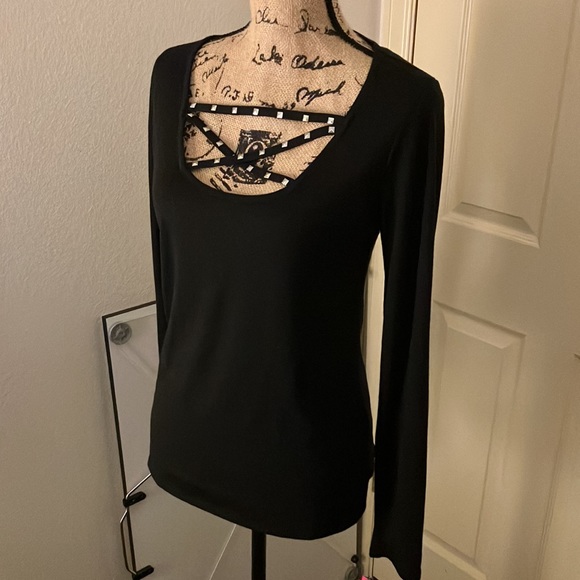 Material girl Macy’s sexy studded strappy chest long sleeve top black medium M - Picture 2 of 5
